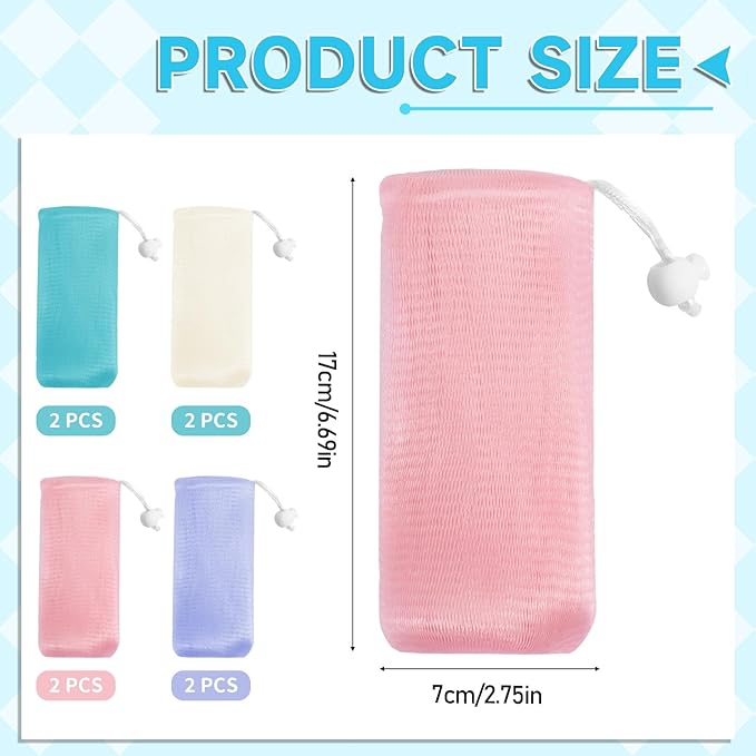 8 PCS Soap Mesh Bag, Multicolor Bar Soap Saver Bags Soft Soaps Sleeve Portable Soaps Mesh Bags with Drawstring for Men Women Shower Facial Body Cleaning