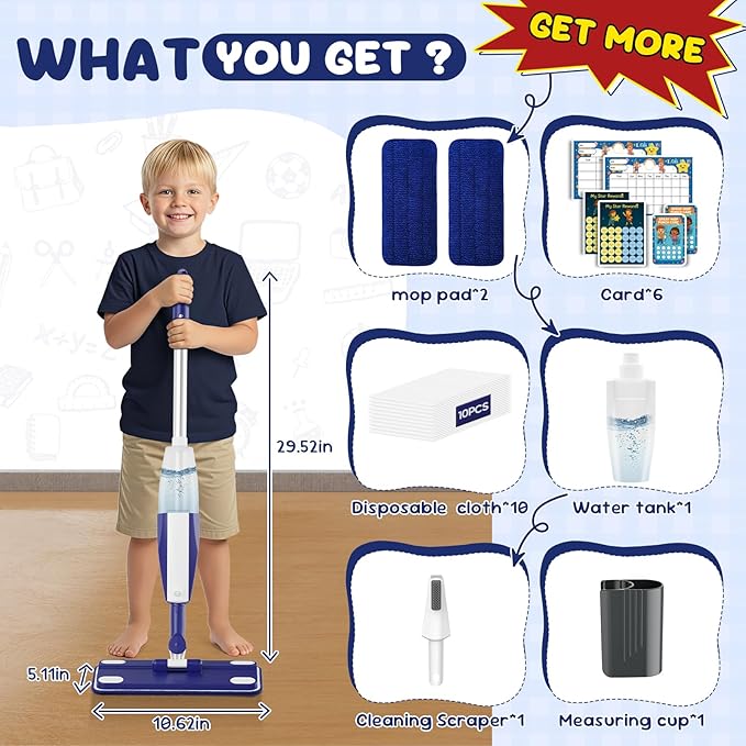 Kids Spray Mop - Chores Chart Set Montessori Cleaning Toy Set with Real Water Sprayer 2PCS Washable Pads and 10PCS Disposable Mop Pads for Ages 3-8 (Blue)