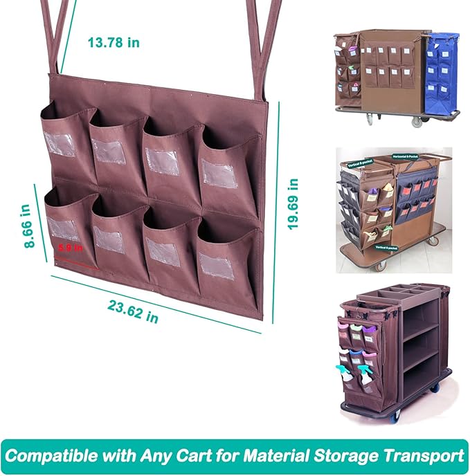 Replacement Janitorial Bag, Waterproof Thickened Commercial 8-Pocket Housekeeping Organizer, Fits Any Cart, Used for Material Storage Transport