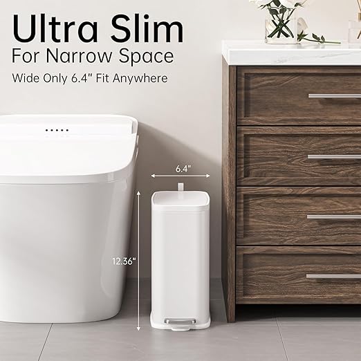 Small Bathroom Trash Can with Lid Soft Close, Step Pedal, 1.6 Gallon White Stainless Steel Garbage Can with Removable Inner Bucket, Includes 60 Trash Bags for Home Bedroom