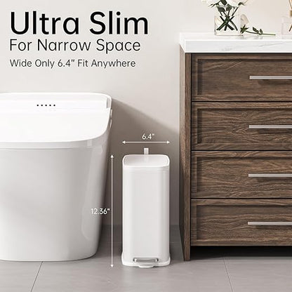 Small Bathroom Trash Can with Lid Soft Close, Step Pedal, 1.6 Gallon White Stainless Steel Garbage Can with Removable Inner Bucket, Includes 60 Trash Bags for Home Bedroom