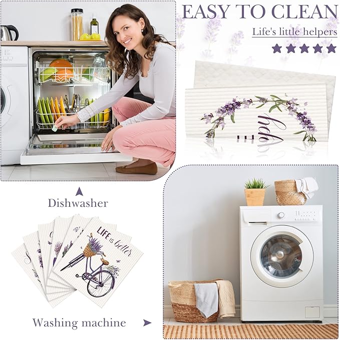 Cunhill 6 Pcs Swedish Kitchen Dish Cloths Kitchen Towels Reusable Sponge Cleaning Cloths Wipes Absorbent Dish Cloth Quick Drying Washable Decorative Tea Towels No Odor Bar Hand Towel (Lavender)