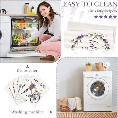 Cunhill 6 Pcs Swedish Kitchen Dish Cloths Kitchen Towels Reusable Sponge Cleaning Cloths Wipes Absorbent Dish Cloth Quick Drying Washable Decorative Tea Towels No Odor Bar Hand Towel (Lavender)