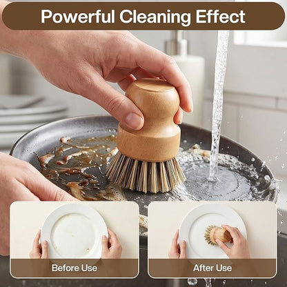 Wooden Dish Brush with Metal Stand Handheld Bamboo Wok Brush Scrubber for Dishes Pans Pots Fruit and Veggie Washing(2,Beige Brown)