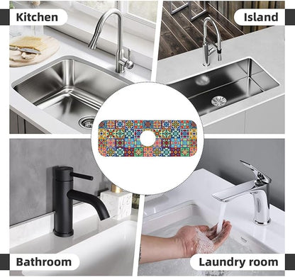 Talavera Mexican Ceramic Tile Floral Kitchen Sink Splash Guard Faucet Mat Super Absorbent Fast Drying Mat Sink Gadgets-Fast Drying Pad Sink Mat For Kitchen Bathroom (15" X 5.5" )