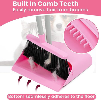 REEWII Pink Broom and Dustpan Set,58” Long Adjustable Handle Small Broom with Stand up Dustpan Combo Set with Dust Pan Teeth,for Indoor Home Office Floor Cleaning