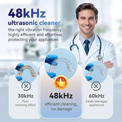 Ultrasonic Retainer Cleaner Machine 48kHz, Dental Cleaning Pod, Ultrasonic Retainer Cleaner for Dentures, Aligners, Mouth Guards, Toothbrush Heads and Jewelry with 200ML Capacity, LAB Supply