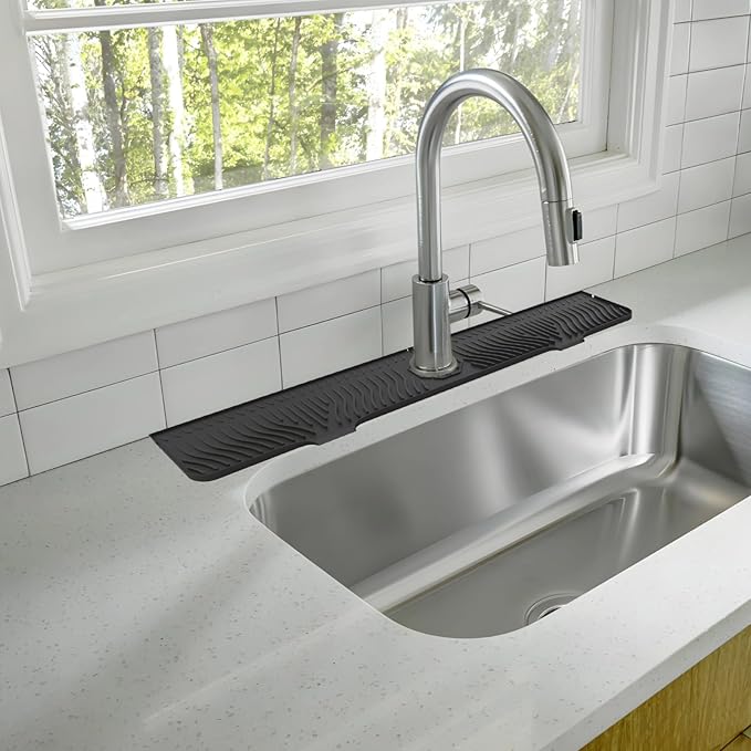 Silicone Black Kitchen Sink Splash Guard, 33 in Long Draining Mat with Central Drain Hole, Non-Slip Surface