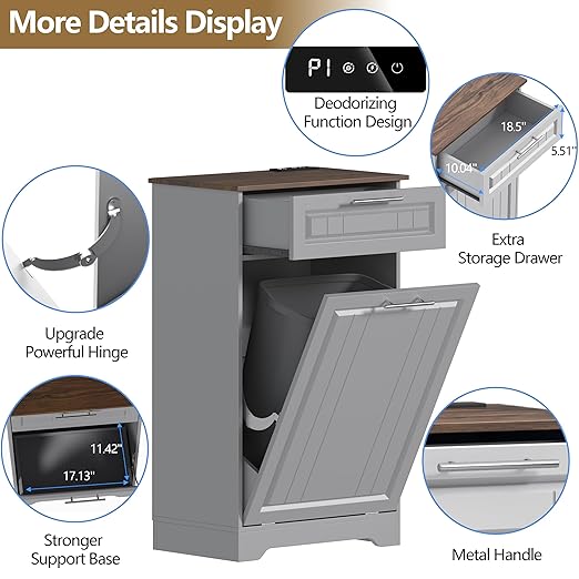 Single 10 Gallon Tilt Out Trash Can Cabinet with Deodorizing Function, Wooden Hidden Garbage Can Holder with Storage Drawers for Kitchen and Dining Room, Laundry Hamper Cabinet for Bathroom, Grey