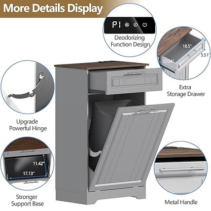 Single 10 Gallon Tilt Out Trash Can Cabinet with Deodorizing Function, Wooden Hidden Garbage Can Holder with Storage Drawers for Kitchen and Dining Room, Laundry Hamper Cabinet for Bathroom, Grey