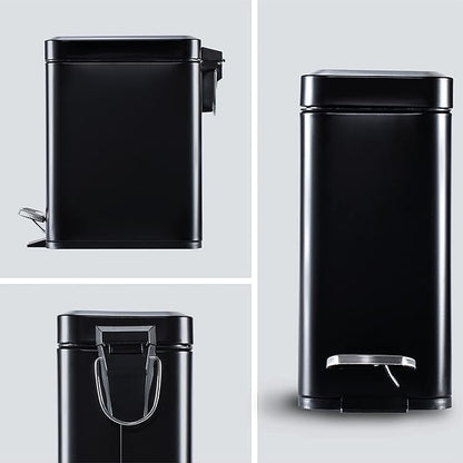 Home Zone Living 1.3 Gallon Small Bathroom Trash Can with Lid and Step Pedal, Stainless Steel Wastebasket with Slim Design for Home and Office, Matte Black, 5 Liters