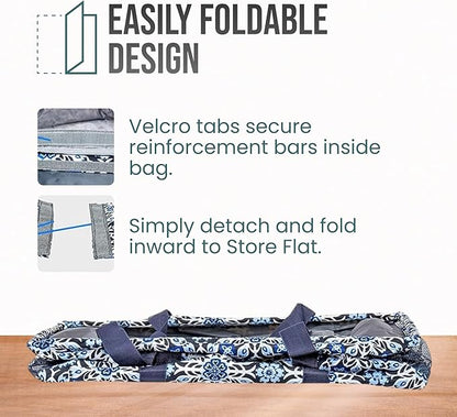 Extra Large Utility Tote Bag - Oversized Collapsible Reusable Wire Frame Rectangular Canvas Basket With Two Exterior Pockets For Beach, Pool, Laundry, Car Trunk, Storage - Blue Snowflake