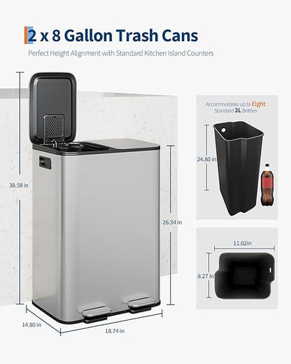 2 x 8 Gal (2 x 30 L) Dual Compartment Trash Can - Stainless Steel Garbage Recycling Bin with Soft Close Lids, Removable Liner Buckets, 16 Gallon/60 L Step on Kitchen Waste Container - Silver