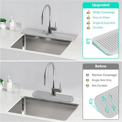 24 Inch Longer Faucet Mat for Kitchen Sink [5°Slope Fast Self-draining]Bathroom Kitchen Sink Splash Guard Silicone Sink Faucet Mat Splash Guard Kitchen Sink Area Tidy Splash Faucet Guard Draining Mat