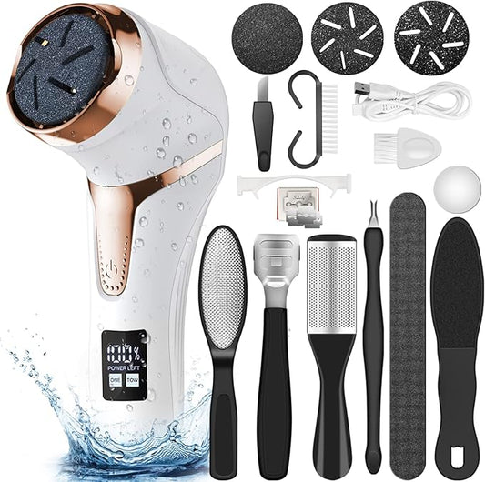 Hoxida Electric Callus Remover for Feet (with Dander Vacuum Cleaner), Quartz, Rechargeable Foot Pedicure Tools Foot File, Professional Foot Care Kit Deadskin Remover with 3Heads&2Speed,LCD Display