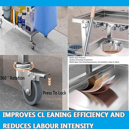 Stainless Steel Commercial Janitorial Cart,360°with Wheels Rolling Janitorial Cart Stainless Steel,3-Shelf Shelves and Vinyl Bag Housekeeping Cleaning Cart (200 Lbs)
