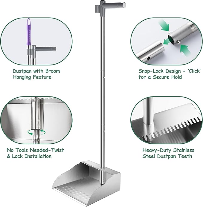 Metal Dust Pans with Long Handle,Heavy Duty Dust Pan with Handle,Upright Stand Up Dustpan with Dust Pan Teeth to Clean Hair for Home Kitchen Office Lobby Floor Garden