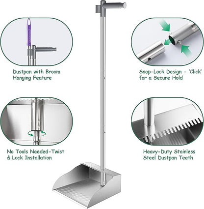 Metal Dust Pans with Long Handle,Heavy Duty Dust Pan with Handle,Upright Stand Up Dustpan with Dust Pan Teeth to Clean Hair for Home Kitchen Office Lobby Floor Garden