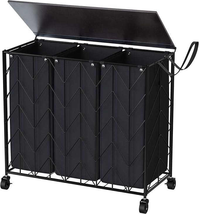 WOWLIVE Laundry Basket with Wheels, 142L Hamper 3 Section with Lid, Dirty Clothes Hamper with Removable Bags, Large Capacity Iron-Made Organizer Laundry Sorter for Dorm, Black