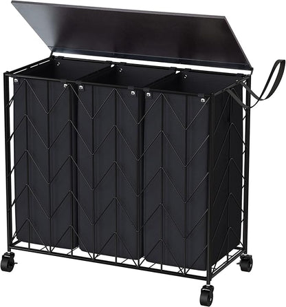 WOWLIVE Laundry Basket with Wheels, 142L Hamper 3 Section with Lid, Dirty Clothes Hamper with Removable Bags, Large Capacity Iron-Made Organizer Laundry Sorter for Dorm, Black