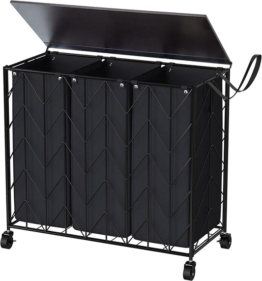 WOWLIVE Laundry Basket with Wheels, 142L Hamper 3 Section with Lid, Dirty Clothes Hamper with Removable Bags, Large Capacity Iron-Made Organizer Laundry Sorter for Dorm, Black