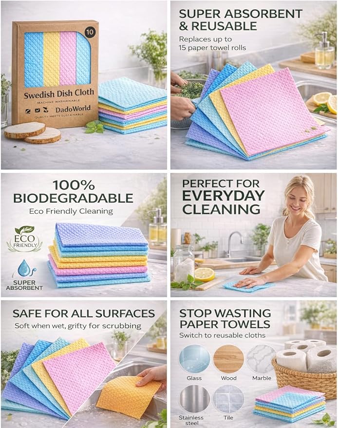 Swedish Dish Cloths 10 Pack – Super Absorbent Reusable Cleaning Cloths, Eco Friendly Biodegradable Kitchen Towels, Alternative to Paper Towels for Dishes, Counters & Home Cleaning