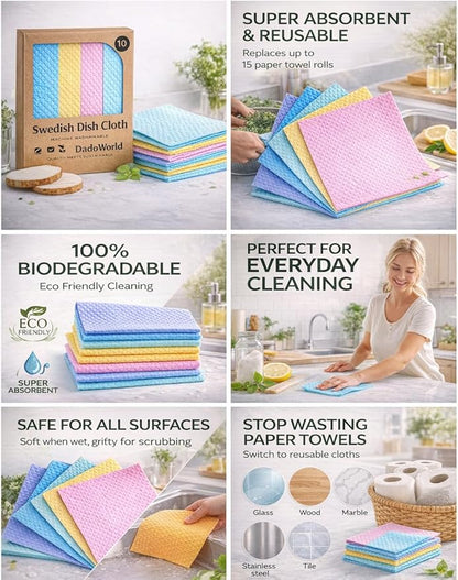 Swedish Dish Cloths 10 Pack – Super Absorbent Reusable Cleaning Cloths, Eco Friendly Biodegradable Kitchen Towels, Alternative to Paper Towels for Dishes, Counters & Home Cleaning