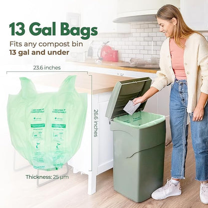 AIRNEX Compostable Kitchen Trash Bags 13 Gal - Cornstrarch Leakproof & Tear Resistant 50 Compost Bags - OK Compost Home & Seedling Certified 0.25 mm Kitchen Garbage Bags