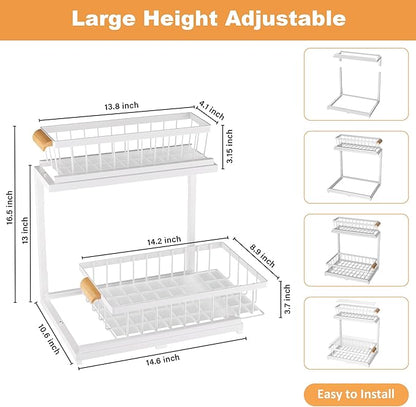 Under Sink Organizer 2 Tier, Pull Out Drawer Slides Under Sink Storage for Bathroom Kitchen,Multi-Purpose Drawer Under Cabinet Organizer for Cleaning Supplies (White, Large-2 Pack)