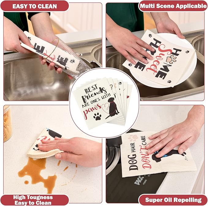 Chengu 6 Pcs Mixed Dog Swedish Kitchen Table Reusable Dishcloths for Kitchen Sponge Cloths Absorbent Dishtowels No Odor Hand Towels and Dry Cleaning Wipes for Home Bathroom Office Housewarming Gifts