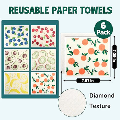 Swedish Dishcloths for Kitchen, 6 Pack Swedish Dish Cloths, Reusable Paper Towels, Washable Kitchen Cloth, 100% Biodegradable, Super Absorbent, Quick Drying