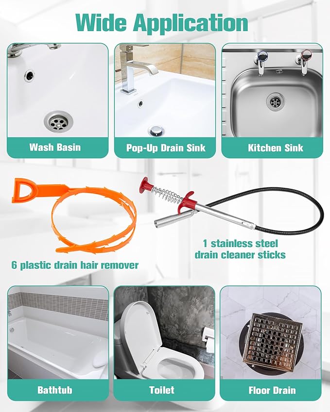 Oanie 7 Pack Drain Cleaner - 25inch Hair Clog Remover Tool, Sticks To Drain Hair, Sink Snake for Shower, Kitchen Sink, Bath Tub, Bathroom