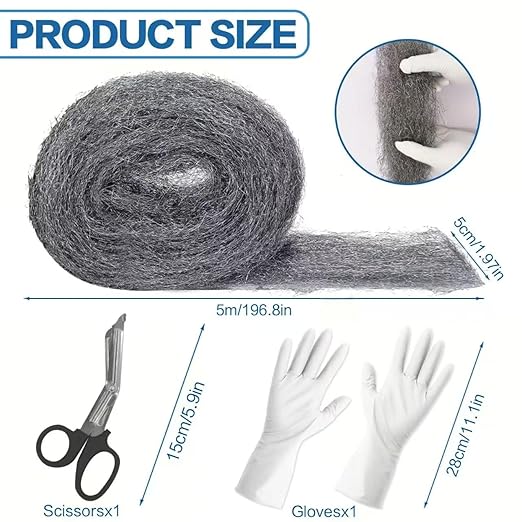 Steel Wool for Mice Control, 98.4ft Steel Wool 000 Garage Door Rodent Guard 1.97" x 98.4ft Rodent Control Fill Fabric Stainless Steel Wool for Wall Cracks, Holes, Vents in Garden/Garage/House