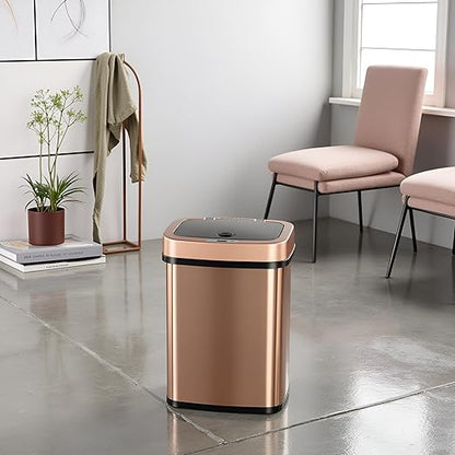 DZT-12-5 12L Stainless Steel Smart Waste Bin with Motion Sensor | Touchless Auto-Open Lid & Soft-Close for Bathroom, Kitchen & Office (Gold)