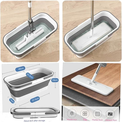 Microfiber Mop Bucket Set, Flat Mop with Bucket, Floor Brush & Glass Squeegee Included, Wet Dry Cleaning System with 6 Washable Pads (1 Mop+6 Microfiber Pads+1 Bucket+1 Floor Brush+1 Glass Wiper)