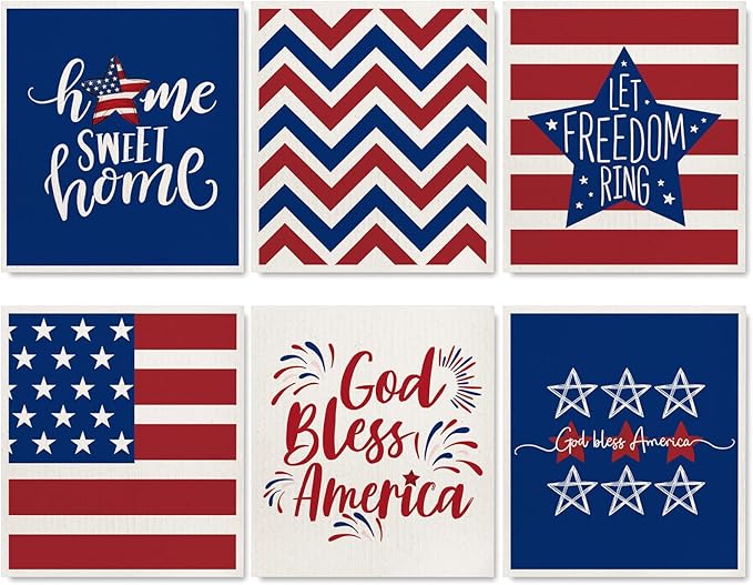 AnyDesign Patriotic Swedish Dishcloths American Flag Star Stripe Kitchen Dish Towel Reusable 4th of July Cotton Dish Cloth for 250th Anniversary Independence Day Home Party Cleaning, 7 x 8, 6 Pcs