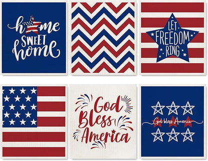 AnyDesign Patriotic Swedish Dishcloths American Flag Star Stripe Kitchen Dish Towel Reusable 4th of July Cotton Dish Cloth for 250th Anniversary Independence Day Home Party Cleaning, 7 x 8, 6 Pcs