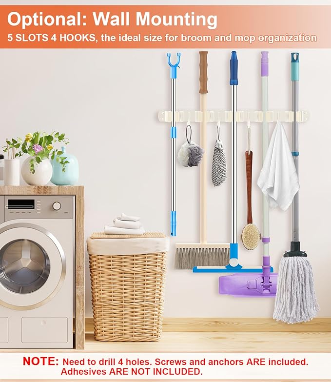 Broom Holder Over The Door Drilling Free Mop and Broom Holder with 4 Over Door Hook, Metal Mop and broom hanger Wall Mount Broom Storage Tool Organizer for Laundry Room Garage Bathroom - light beige