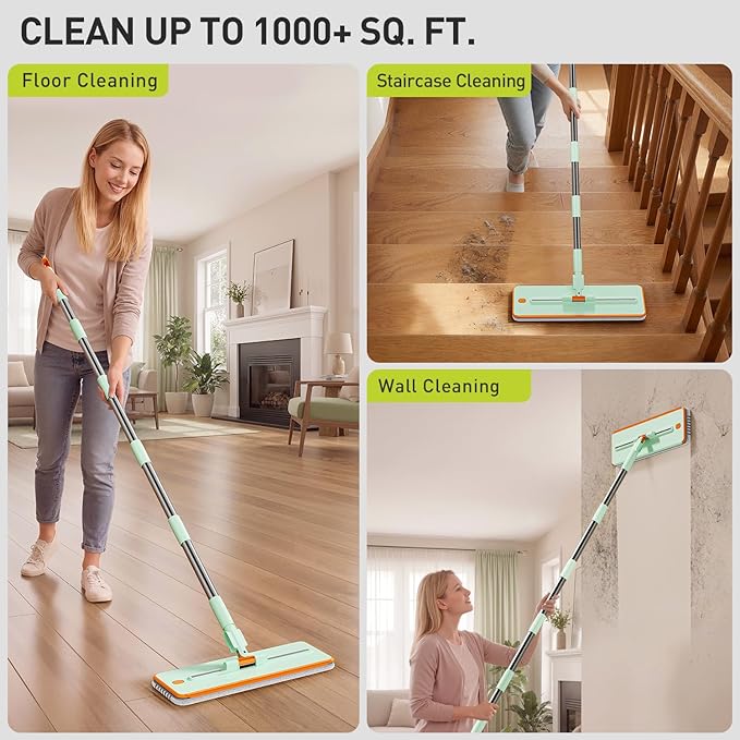 HoMettler 3-Tank Transparent Mop and Bucket Set with Separate Dirty & Clean Water, 65" Flat Mop for Floor Cleaning, 4 Machine Washable Microfiber Pads for Wood Tile - Green