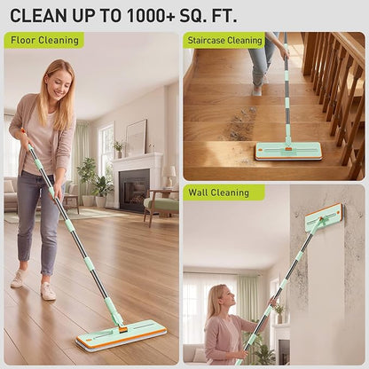 HoMettler 3-Tank Transparent Mop and Bucket Set with Separate Dirty & Clean Water, 65" Flat Mop for Floor Cleaning, 4 Machine Washable Microfiber Pads for Wood Tile - Green