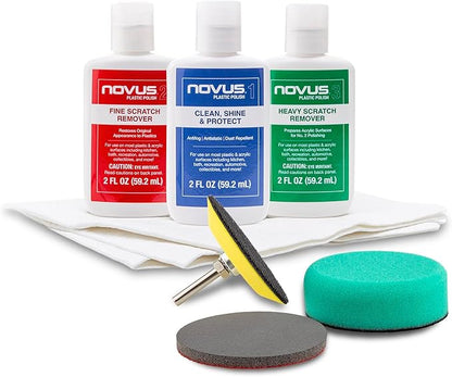 NOVUS Clear in Five Headlight Restoration Kit | 2 Ounce #1, 2, & 3 Bottles, Buffing Pad, Backing Pad Drill Attachment, 1,000 Grit Sanding Disk, 3 Polish Mates