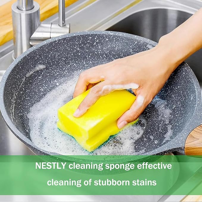 Sponges, Eco Non-Scratch Scrub Pads, Dish Scrubber for Cleaning Kitchen and Dish Cleaning,12 Scrubbing Sponges+ Draining Rack