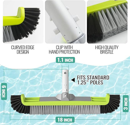 18" Pool Brush Head for Cleaning Swimming Pool Walls, Curved Ends High-Efficiency Scrub Brush for Tile, Flooring and Vinyl Pools, Fiberglass, Fits Φ1.25” Poles (Green & Black & Gray)