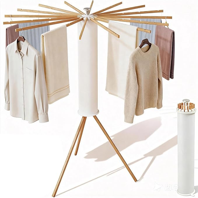 Clothes Drying Rack Tripod, Floor Standing Laundry Drying Rack, Portable & Foldable with 16 Wooden Poles Space-Saving Drying Rack for Laundry, Retractable Collapsible for Balcony Bedroom