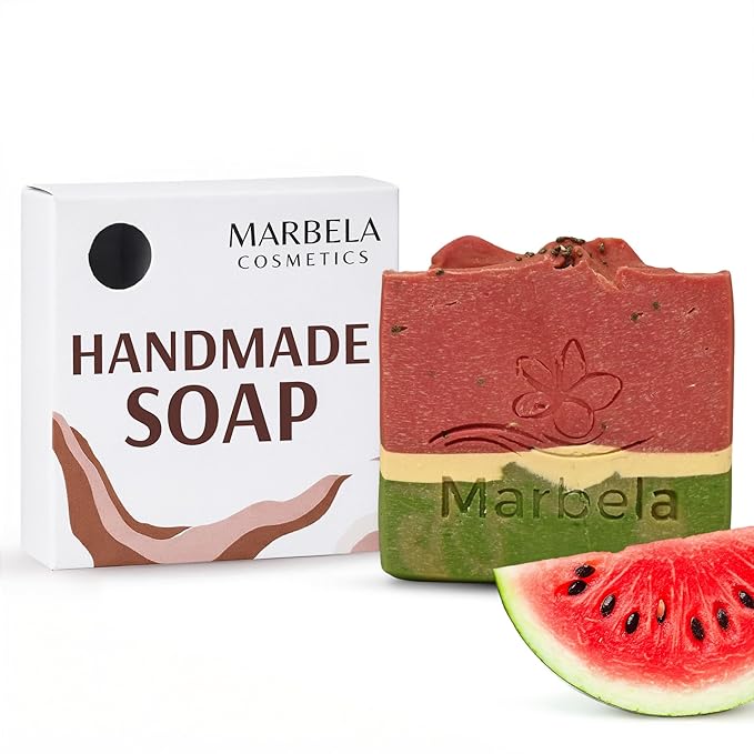 Marbela Cosmetics Moisturizing Watermelon Soap Bar - Natural Face & Body Soap Handmade in USA - Vegan Palm Oil Free Fruity Scent Bath Bar 3.5 oz