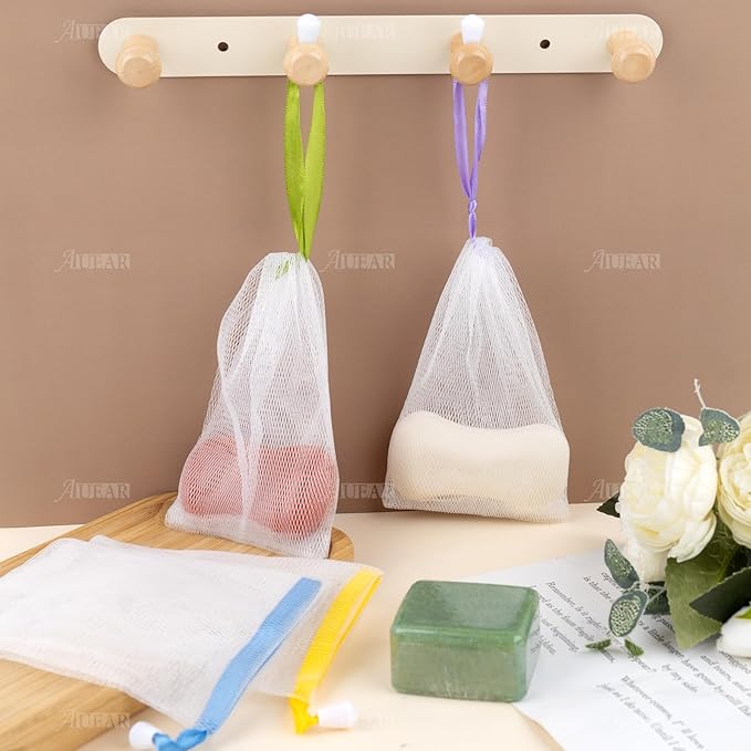 AUEAR, 20 Pack Handmade Soap Exfoliating Mesh Pouch Saver Bag Double Layer Bubble Foam Net Drawstring Holder (Assorted Colors)