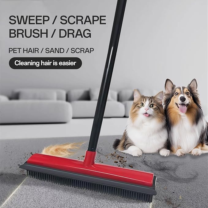 Rubber Broom Pet Hair Remover for Carpet with Squeegee - 50" (130cm) Sturdy 4-Piece Sectional Handle, 3-Level Adjustable Height Silicone Broom for Rugs, Tile, Hardwood Floors & Windows
