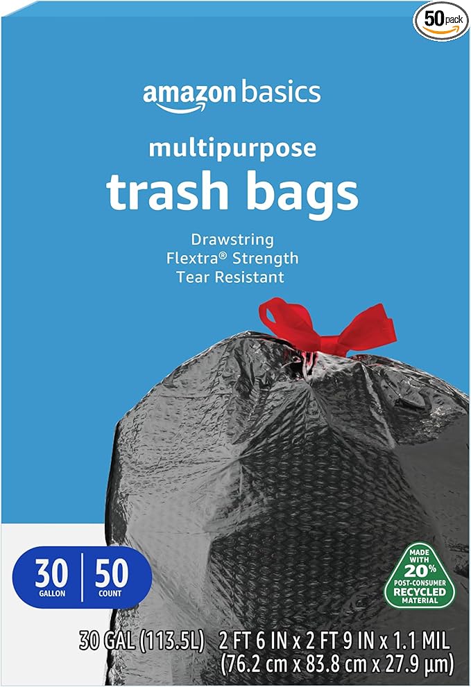 Amazon Basics 30 Gallon Flextra Strength Multipurpose Drawstring Trash Bags, 20% Post Consumer Recycled Material, Tear Resistant, Black, 50 Count