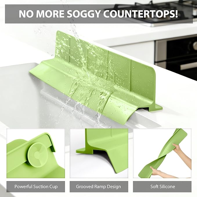 18Inch Sink Splash Guard – Extended Length & Tall Silicone Kitchen Sink Splash Guard with Overhang Drainage Design & Strong Suction Cups for Countertop(Green, 18''x3.5'')