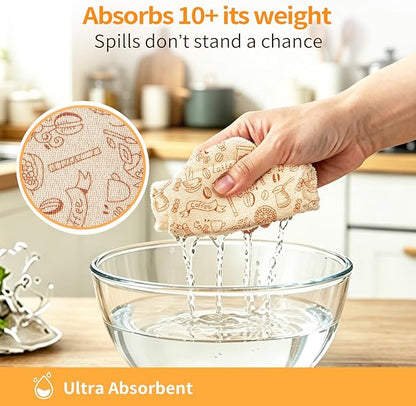 Microfiber Cleaning Cloth Roll, 50 Tear-Away Sheets, Reusable & Washable, Lint-Free, Non-Scratch Highly Absorbent,Cleaning Cloths for Kitchen, Home, Car & Windows, Food Pattern, 12 x 12 in